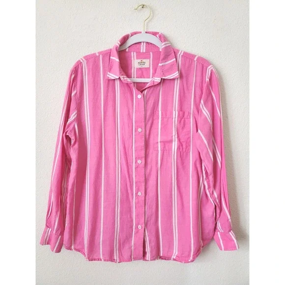 MARINE LAYER Pink White Stripe Button Down Shirt Relaxed Fit Women's‎ Small - Picture 2 of 11